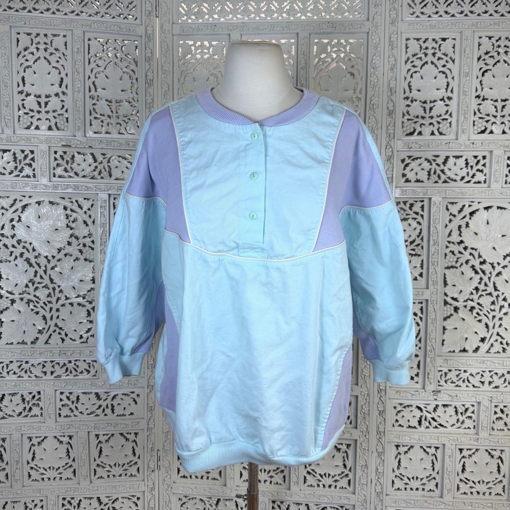FLAW Vtg 80's Blue Purple Colorblock Retro Henley Shirt Womens Medium Pastel